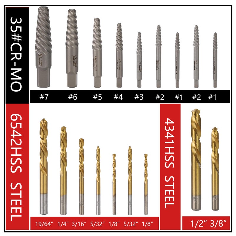 UYECOVE 18Pcs Screw Extractor Set and Left Hand Drill Bits Set  Easy Out Broken Bolt Remover Reverse 35#CR-MO 6542/4341 HSS Steel Cobalt  Bolt Extractor Kit for Removing Stripped Screws  Damaged Bolts - Image 2